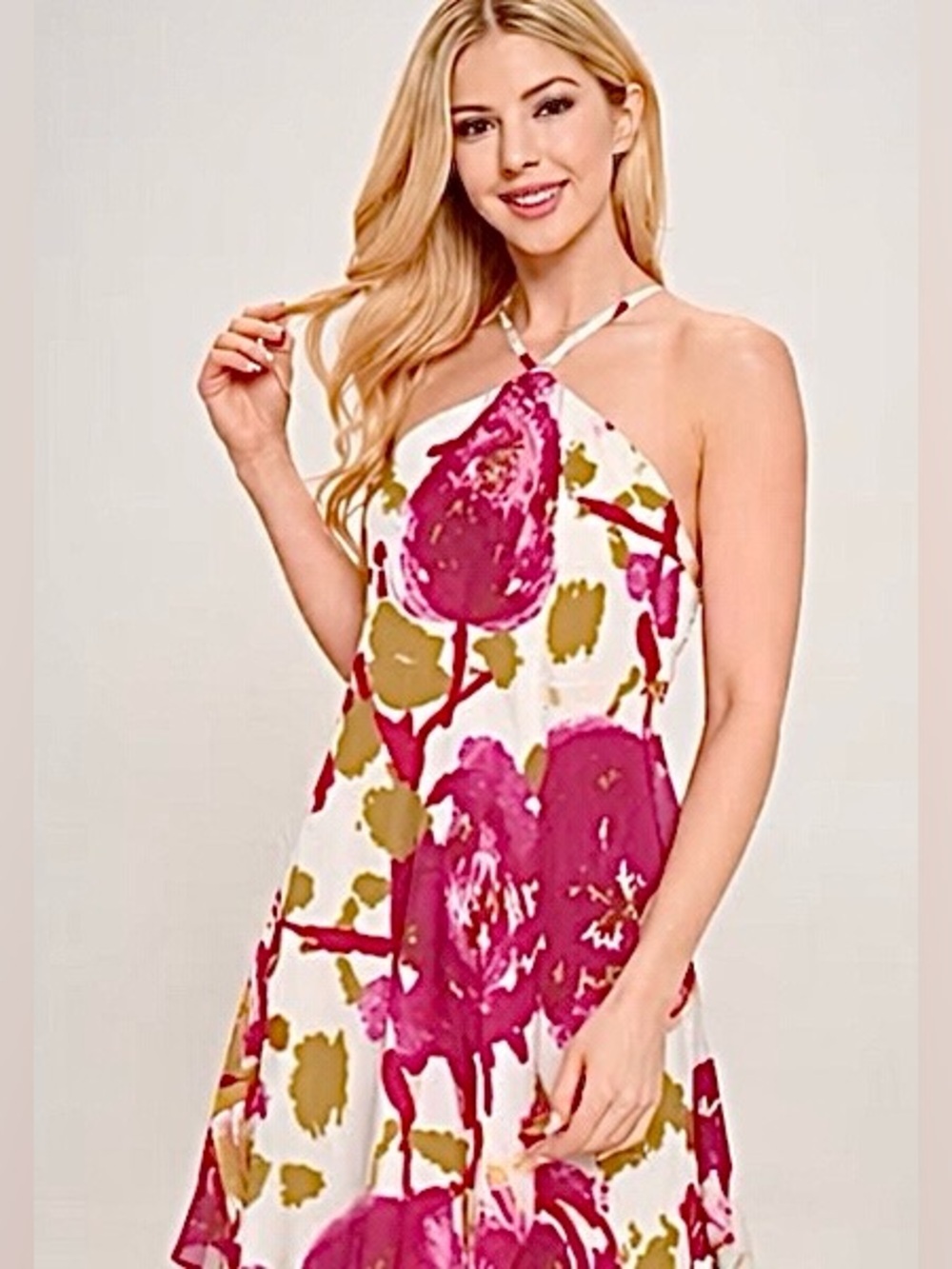 Renee C Print Halter Neck Swing Dress – Magenta Floral Fit & Flare Size L